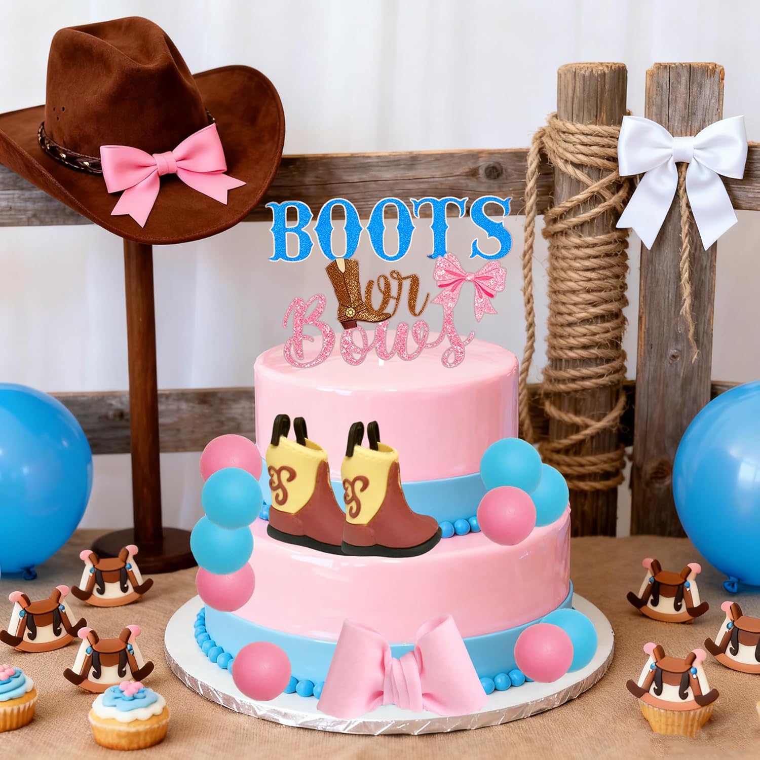 Skiennix Gender Reveal Cake Decorations - Acrylic Boots & Bows Cake Toppers Set for Baby Shower