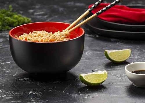 KooK Ramen Bowl - Large Ceramic Noodle Bowls | Microwave & Dishwasher Safe, 34 oz, Set of 4 (Black/Red)