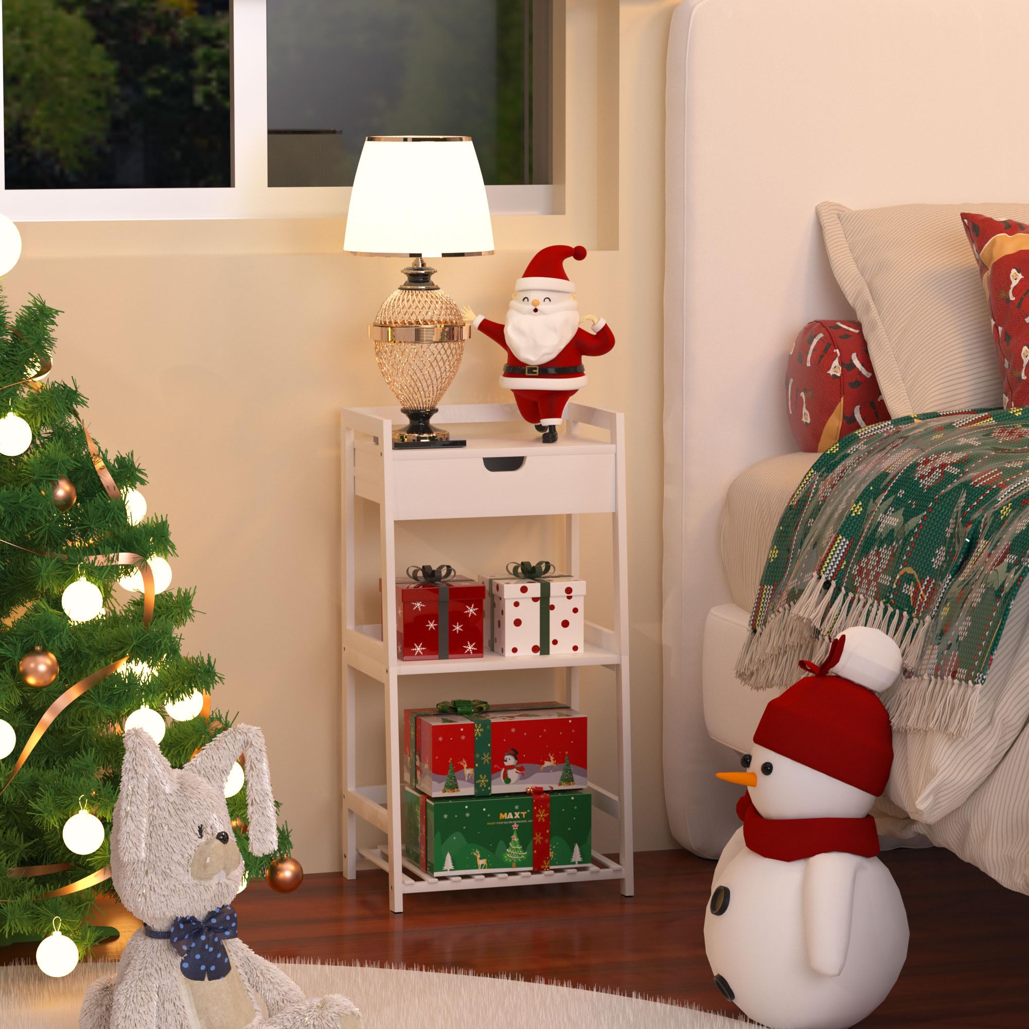 POXAKA 3 Tier Bamboo Bathroom Shelves with Drawer, Ladder Shelf for Bathroom Storage, Space-Saving Design, Stylish Display Nightstand, Stylish Storage Solution for Home, Living Room, Kitchen, Office