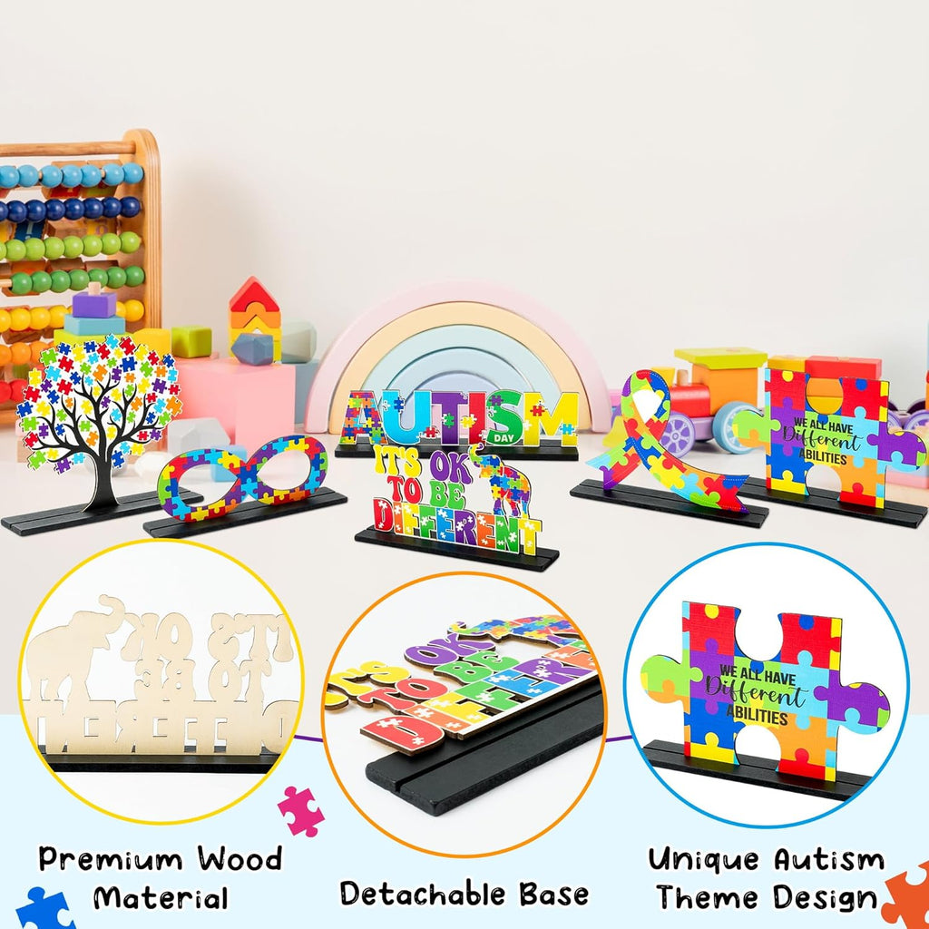 Skiennix 6Pcs Autism Awareness Wood Tiered Tray Centerpieces - Inspirational Puzzle Piece Decor