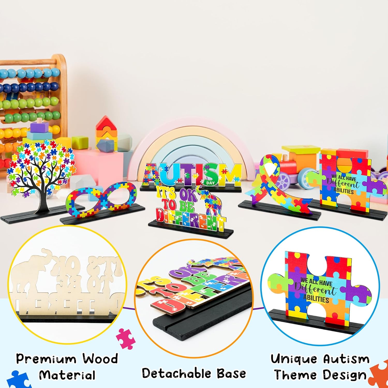 Skiennix 6Pcs Autism Awareness Wood Tiered Tray Centerpieces - Inspirational Puzzle Piece Decor