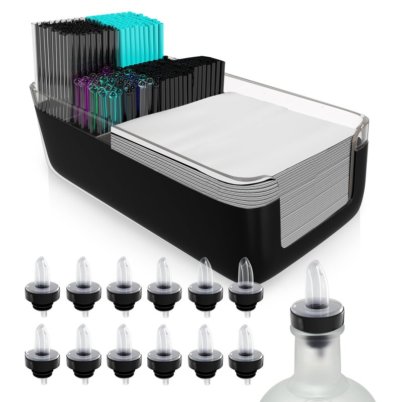 Esatto Professional Bar Products Premium Bar Caddy (White), Used to Easily Organize Bar Items and Workspace, With Additional 12 Pourers For Precision Pouring and 12 Pourer Covers