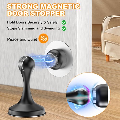 Crosize Magnetic Door Stoppers - Stainless Steel Wall & Floor Mount Door Holders | No Drilling, 2 Pack, Black