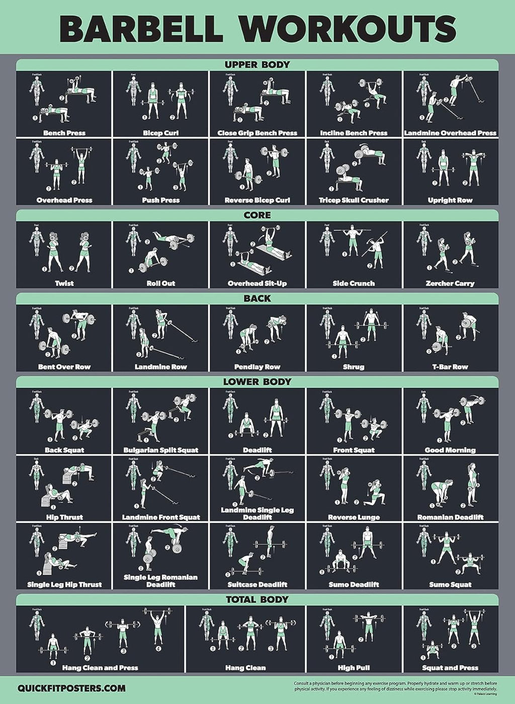 Palace Learning Dumbbell & Barbell Workout Poster Set - Laminated 2 Chart Set, 18” x 24”