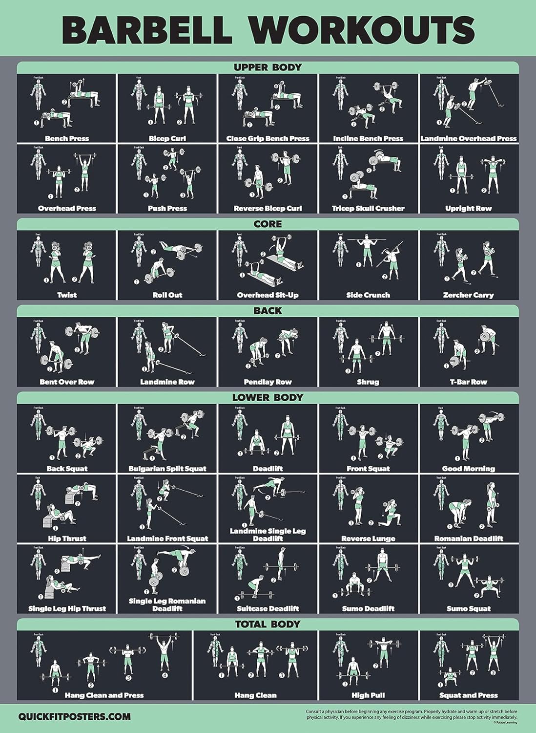 Palace Learning Dumbbell & Barbell Workout Poster Set - Laminated 2 Chart Set, 18” x 24”