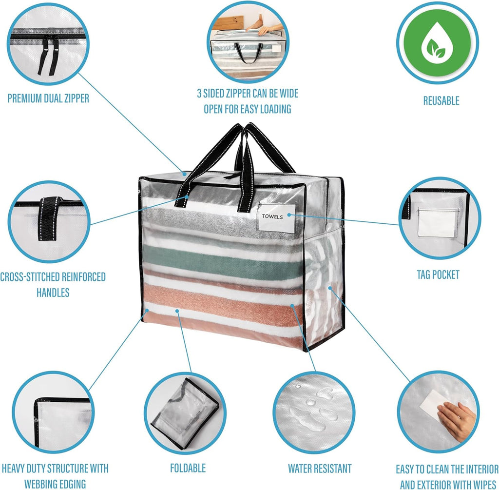 VENO Heavy Duty Moving Bags - 4 Pack Storage Totes with Top Zipper for Camping & Bedding (13 Gallon Clear)
