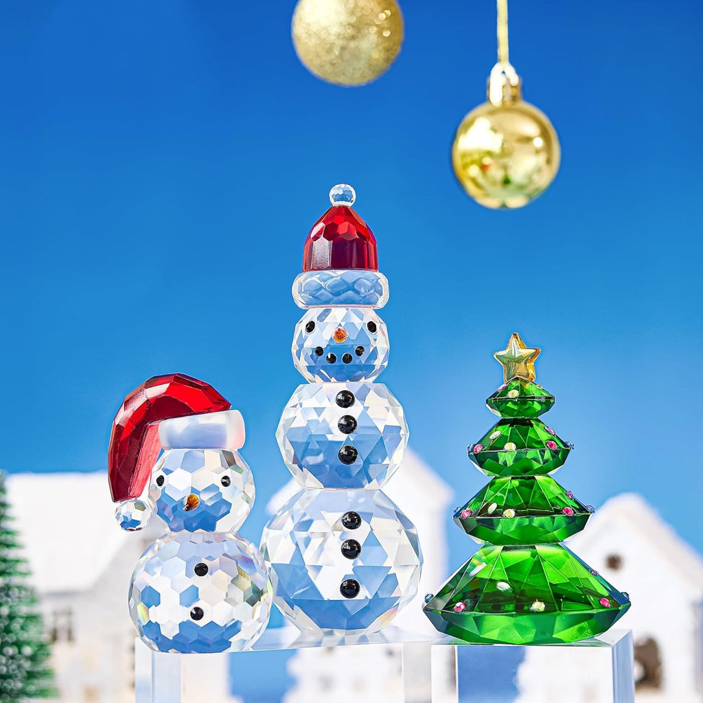 QFkris Crystal Snowman & Tree Figurines Set - Elegant Glass Christmas Decor | Small Size