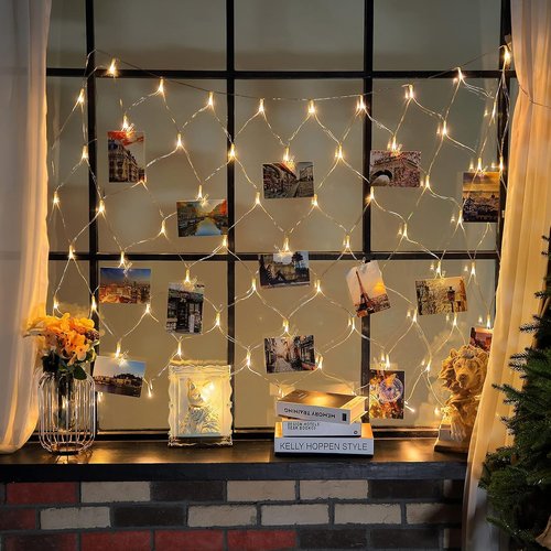 Hiboom LED Christmas Fairy Lights - 8 Modes Battery Operated Photo Clips for Home Wall Decoration | Warm White (3.3 x 3.3 ft)