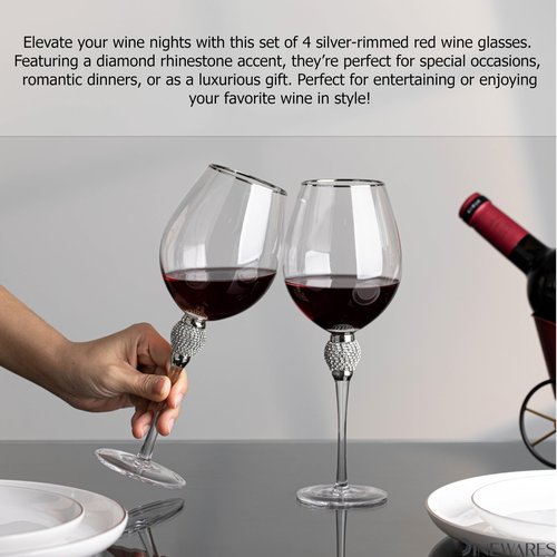 Rimmed Red Wine Glasses with Diamond Rhinestone Accent 18 oz, 10 Inches Tall Perfect Toasting Glasses for Bride and Groom Great for Party Wedding Anniversary and Special Occasion (Silver, Set of 4)