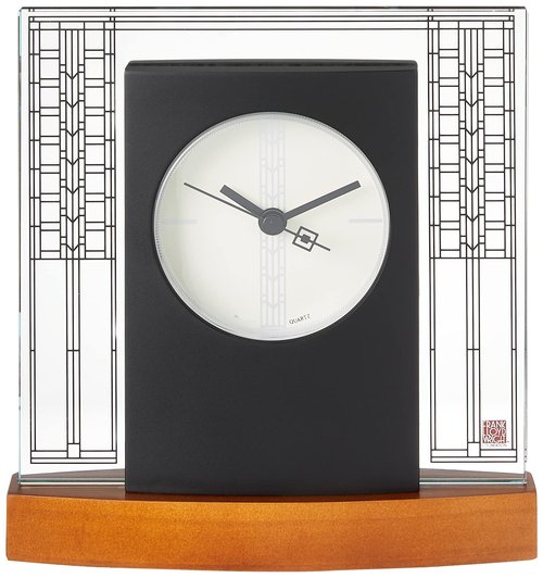 Bulova Glasner House Desk Clock B7750 | 6.25" Cherry Wood Base with Frank Lloyd Wright Art Glass Design | Silent Sweep Quartz Movement | Battery Operated | Architectural Accent Clock