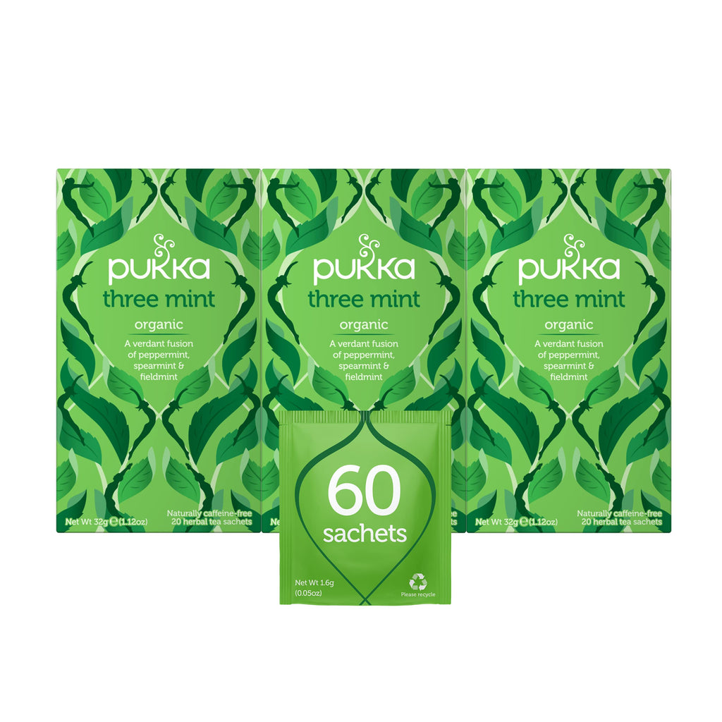 Pukka Organic Tea Bags, Three Mint Herbal Tea, Perfect for Cooling Refresh, 20 Count (Pack of 3) 60 Tea Bags