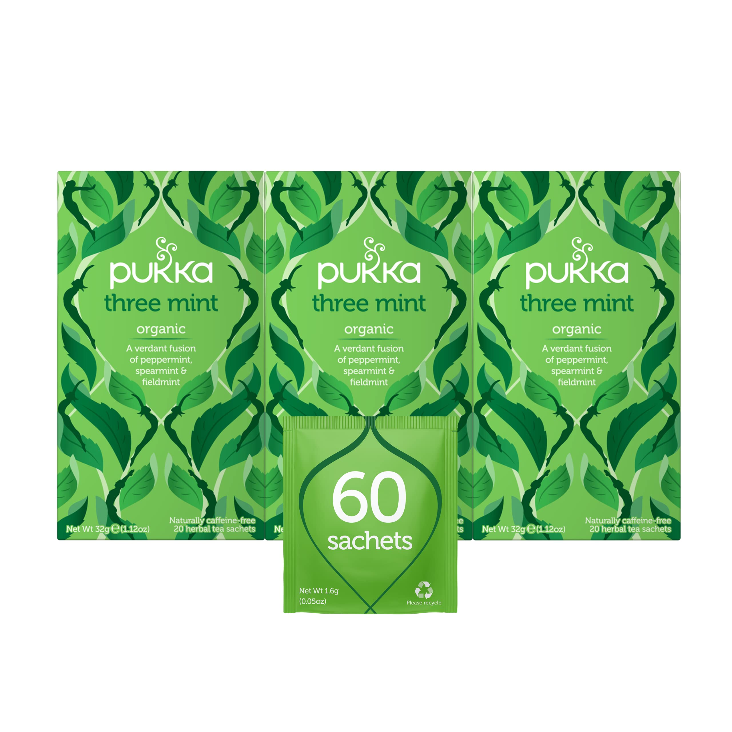 Pukka Organic Tea Bags, Three Mint Herbal Tea, Perfect for Cooling Refresh, 20 Count (Pack of 3) 60 Tea Bags