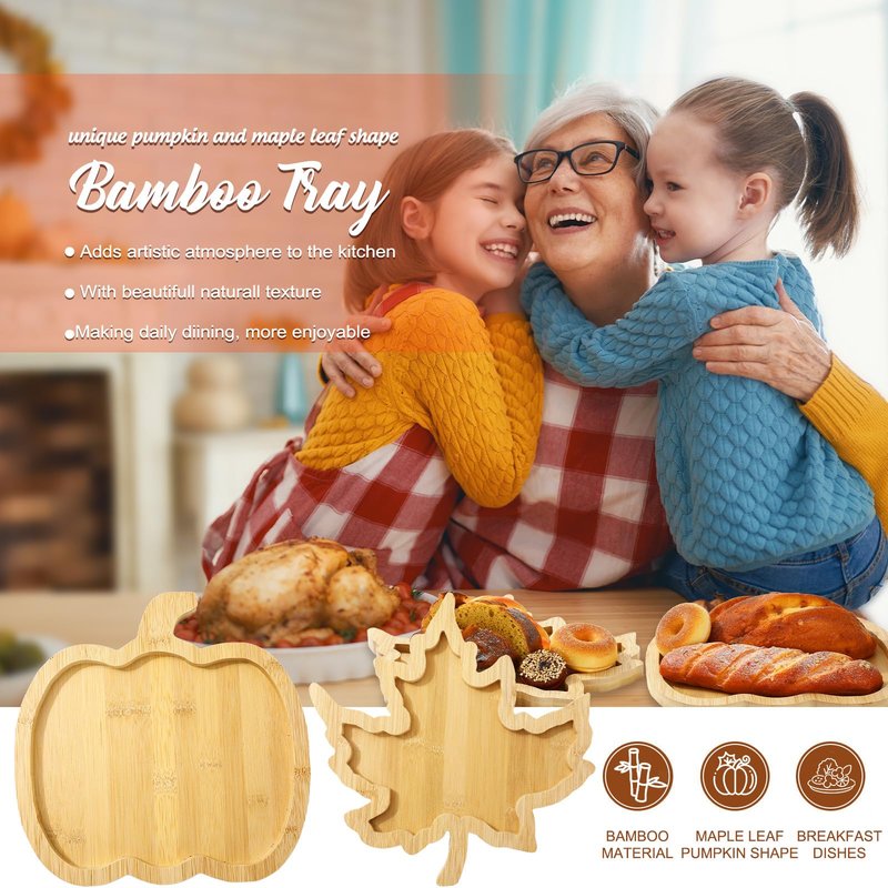 Whaline 2 Pcs Fall Serving Trays Pumpkin Maple Leaf Serving Platters Autumn Wooden Charcuterie Boards for Thanksgiving Halloween Harvest Home Party Food Supplies