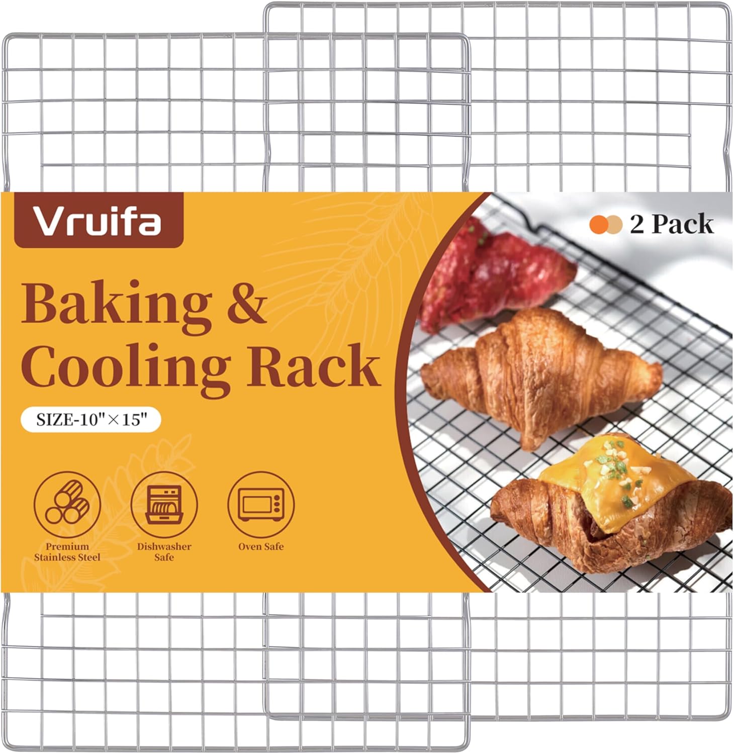 VRUIFA Stainless Steel Cooling Racks - 2PCS for Baking & Cooking | Fits 10" x 15" Sheet Pan, Oven & Dishwasher Safe