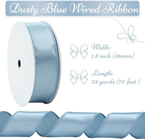 French Blue Wired Satin Ribbon - 1.5 Inch, 25 Yards for Gift Wrapping, Baby Showers & Weddings