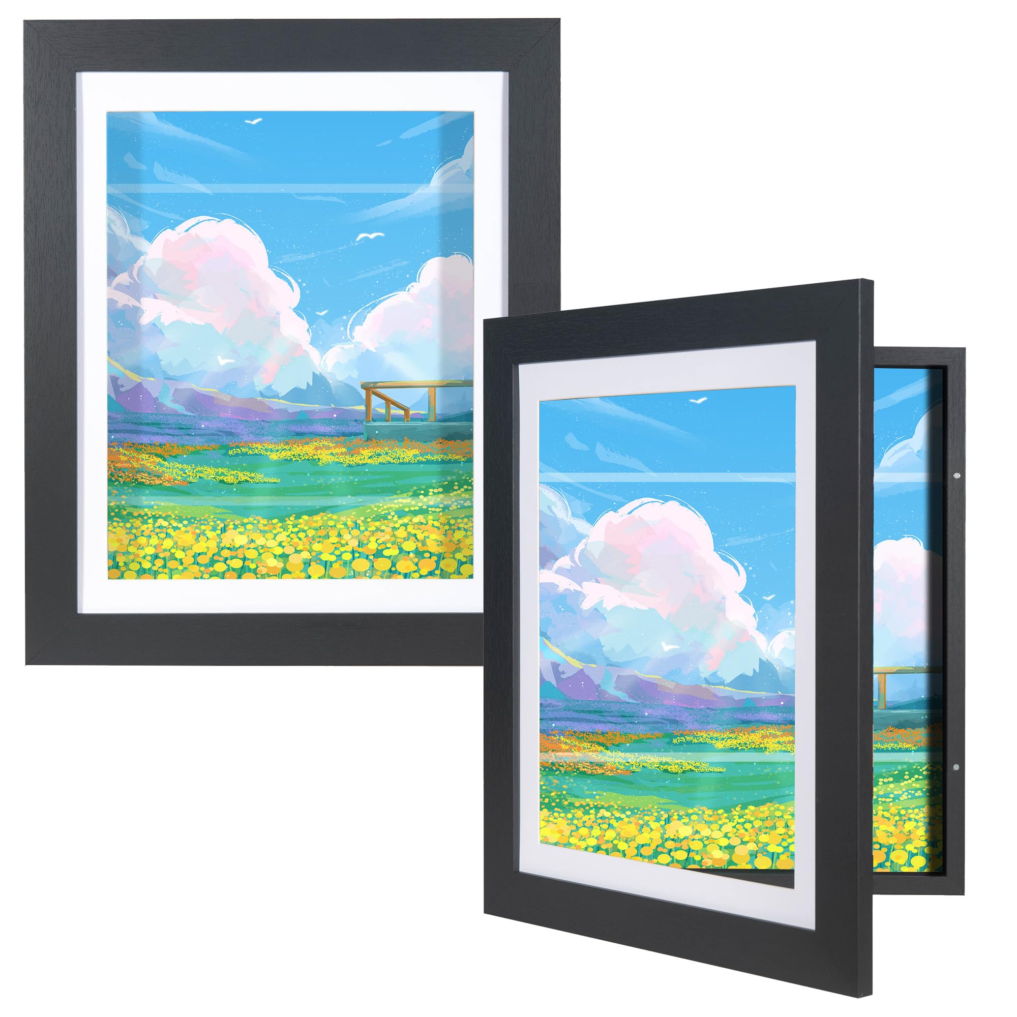 Hogaryo 2Pcs Kids Art Frames Front Opening 8.5x11 Kids Artwork Frames Changeable with Mat & Display 10x12.5 Pictures Without Mat, Kids Drawings Storage Frame with Transparent Strap(Black)
