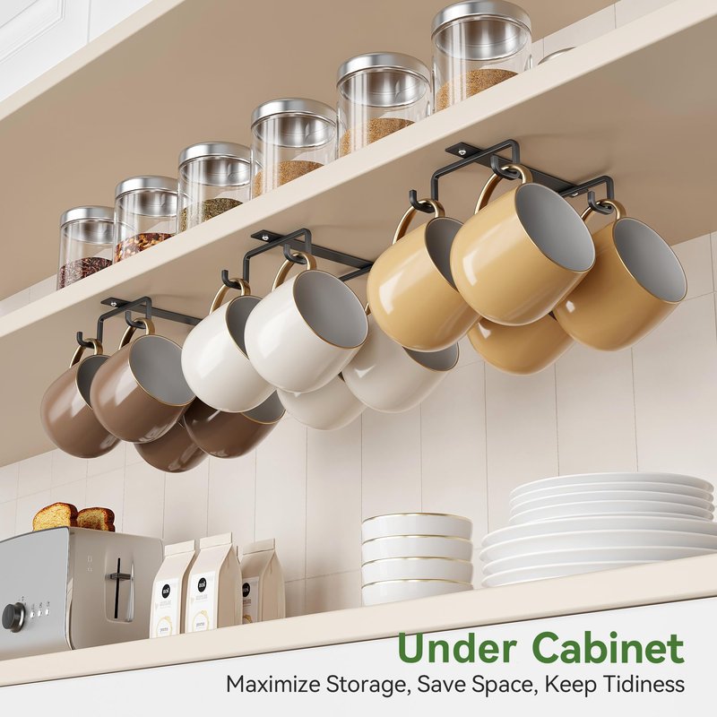 ECROCY Coffee Mug Holder Easy Screw Mounting, 3 Pack Mug Hooks Under Shelf with Wide Hook Spacing