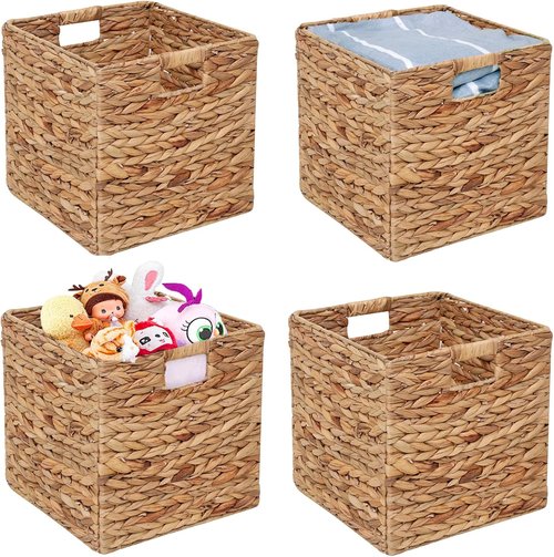 Handwoven Water Hyacinth Storage Baskets - 4 Pcs Foldable Square Bins for Laundry Organization | 11x11in