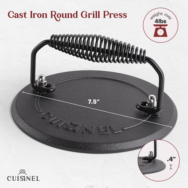 Cast Iron Skillet + Grill Press + Scraper Set - 12"-inch Pre-Seasoned Frying Pan + Silicone Handle Grip - 7" Round Burger Smasher - Indoor/Outdoor, Stove, Oven, Grill, Induction Kitchen Cookware