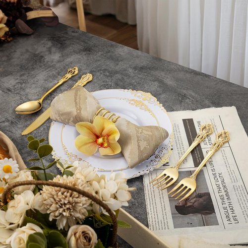 Joyido 90 Pieces Gold Plastic Silverware - Heavy Duty Gold Disposable Utensils - Fancy Plastic Cutlery Set Includes 30 Forks, 30 Spoons, 30 Knives for Dinner Parties Weddings