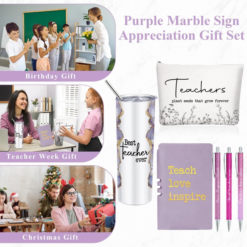 Domensi 6 Pcs Teacher Appreciation Gift Set for Women Staff 20 oz Marble Sign Tumbler Inspirational Ballpoint Pen Notebooks with Makeup Bag Teacher Thank You Gifts(Purple)