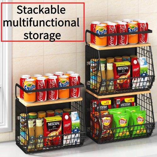 DecruKaltiz Magnetic Shelf for Fridge with Bamboo Lid,Fruit Vegetable Potato and Onion Wire Basket, Refrigerator Magnetic Spice Rack for Countertops, Cabinets, Laundry Rooms and RVs (Black, 2 Pack)