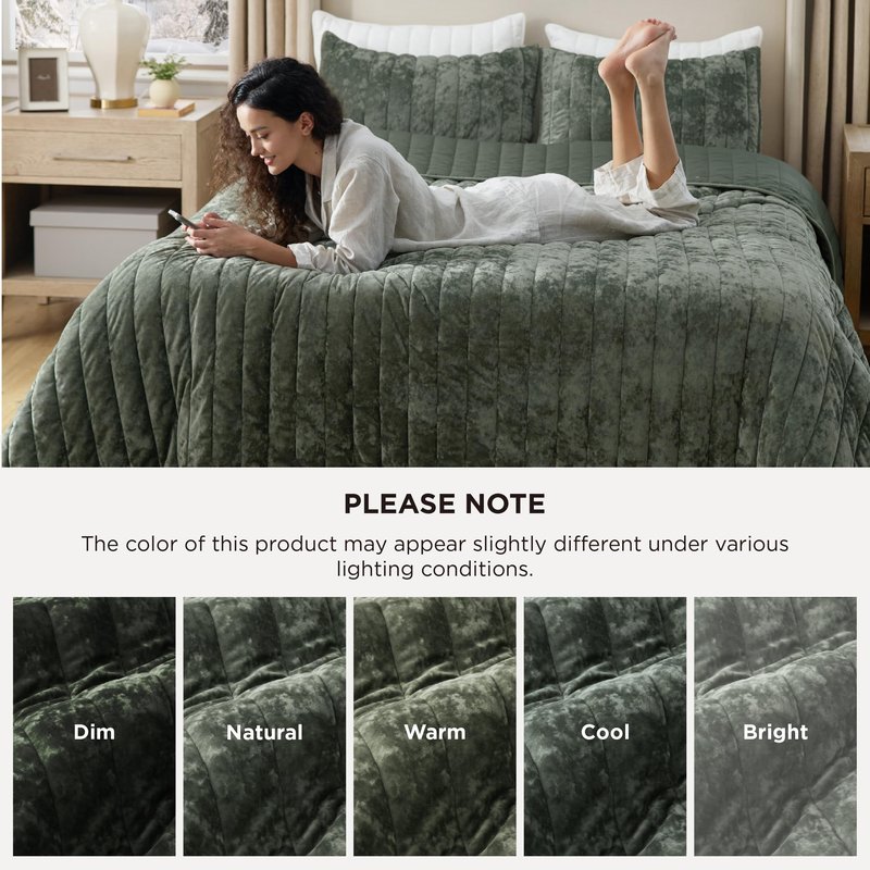 Bedsure Velvet Quilt Queen Size Set - Lightweight Velvet Comforter Queen, Luxury Bedspread Coverlet, Ultra-Soft Bedding Set with 2 Pillow Shams for All Season, 90"x96", Olive Green