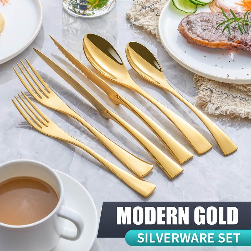 Joincook 24 Pieces Gold Silverware Set with Steak Knives Service for 4,Modern 18/10 Stainless Steel Flatware Cutlery Set,Utensil Set for Home Restaurant Hotel,Mirror Polished,Dishwasher Safe