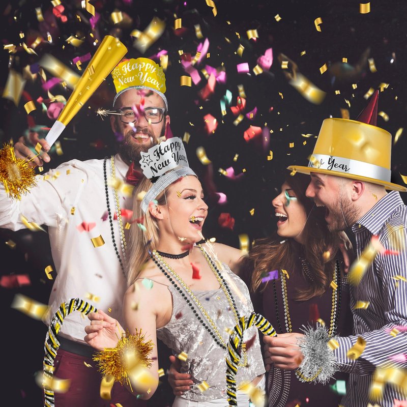 Ceenna 2026 New Year's Eve Party Decorations Supplies for 24 Guests 12 New Year Hats 12 Tiara 12 Blowing Horns 12 Metallic Fringed Noisemakers 24 Necklaces 24 Bracelets 10 Celebrations