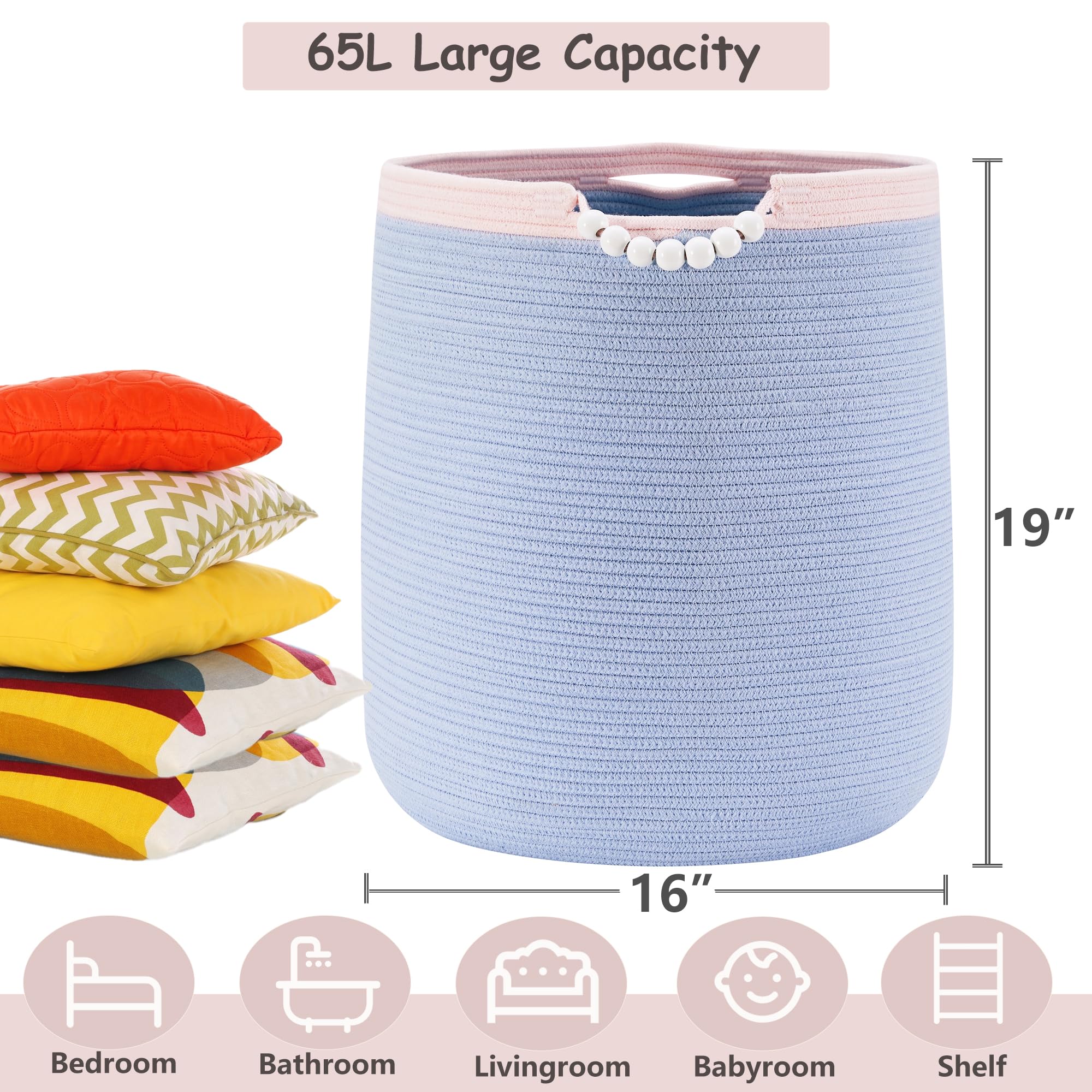 ENAORGAN 65L Blue Woven Rope Laundry Hamper Basket for Clohtes Boho Tall Rope Baskets for Blanket Large Baby Nursery Hamper for Girls Kids 16"Wide 19"Tall