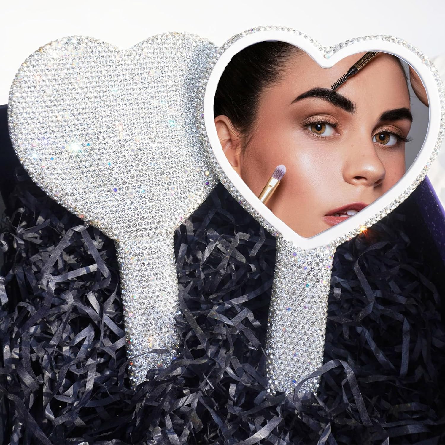 Skiennix Large Rhinestone Handheld Mirror - Dazzling Glitter Design | Portable Heart-Shaped for Weddings