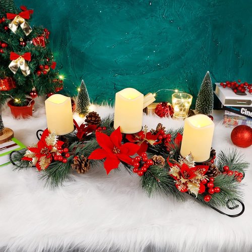 FORUP 26 Inch Christmas Centerpiece - Elegant Tabletop Candle Holders with 3 Flameless Candles | Holiday Decor