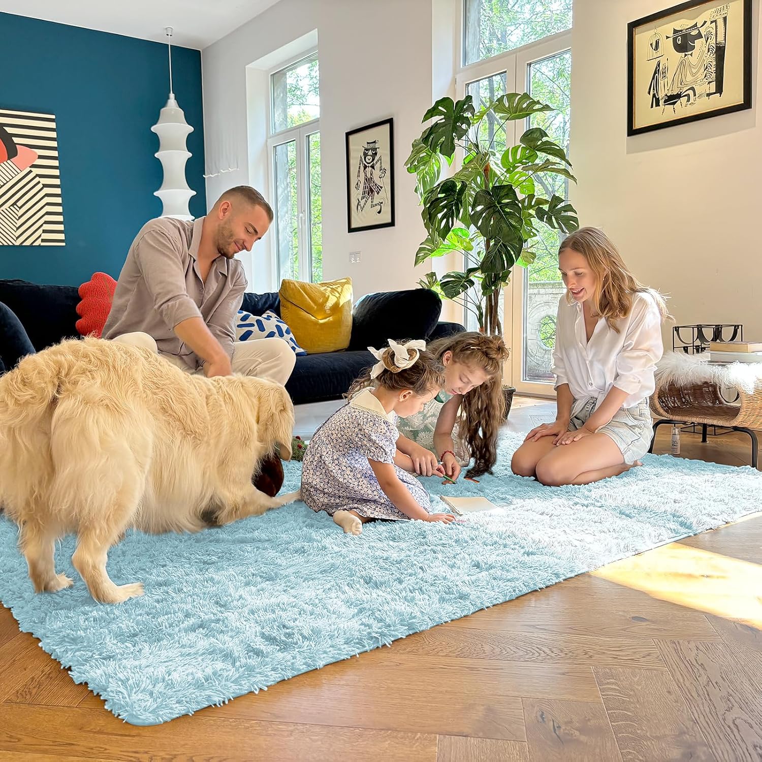 OLANLY Large Area Rug - Soft Fluffy Shaggy Indoor Carpet for Living Room & Bedroom | 8x10 Light Blue
