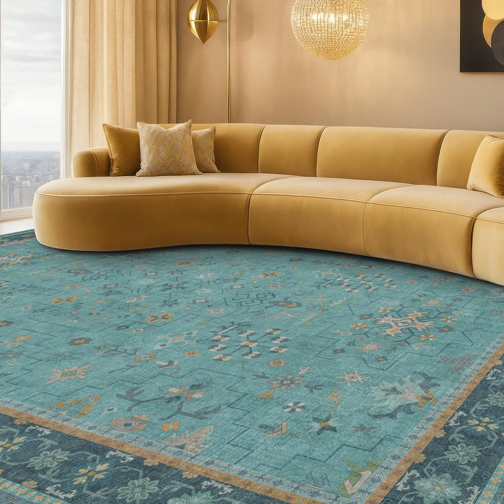 Teal Boho Area Rug by [Brand Name] - Washable 10x14 Geometric Floral Design, Non-Slip & Stain Resistant