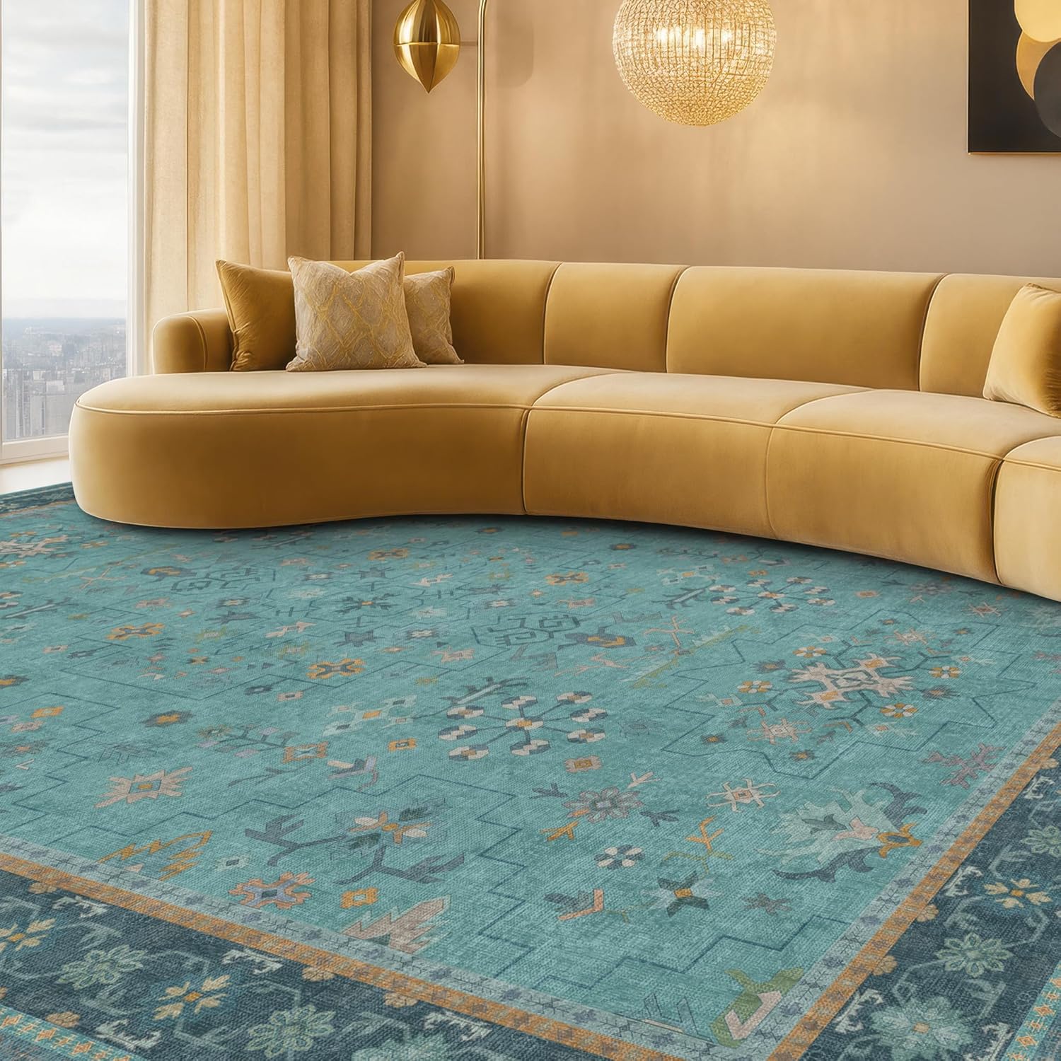 Teal Boho Area Rug by [Brand Name] - Washable 10x14 Geometric Floral Design, Non-Slip & Stain Resistant
