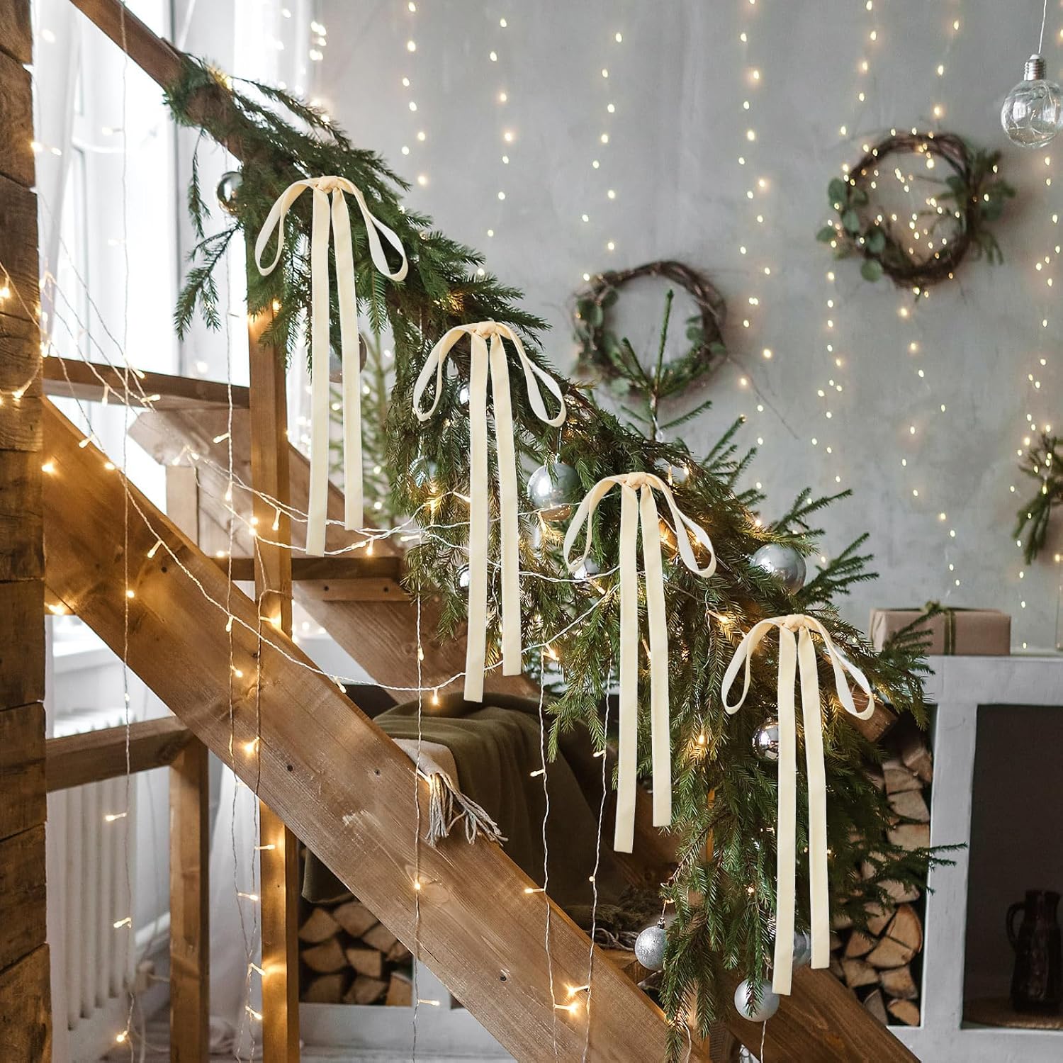 Velvet Bows | 24 Pcs Beige Christmas Tree Ornaments - Perfect for Garland & Wedding Decor (9 x 13 Inch)