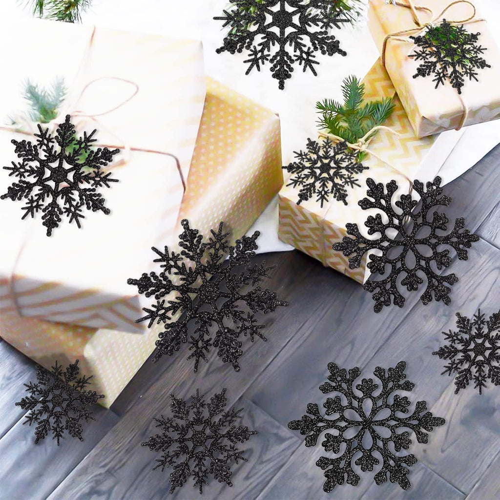 Skiennix 36-Piece Black Christmas Snowflake Ornaments - Glittery Hanging Decor for Winter Wonderland