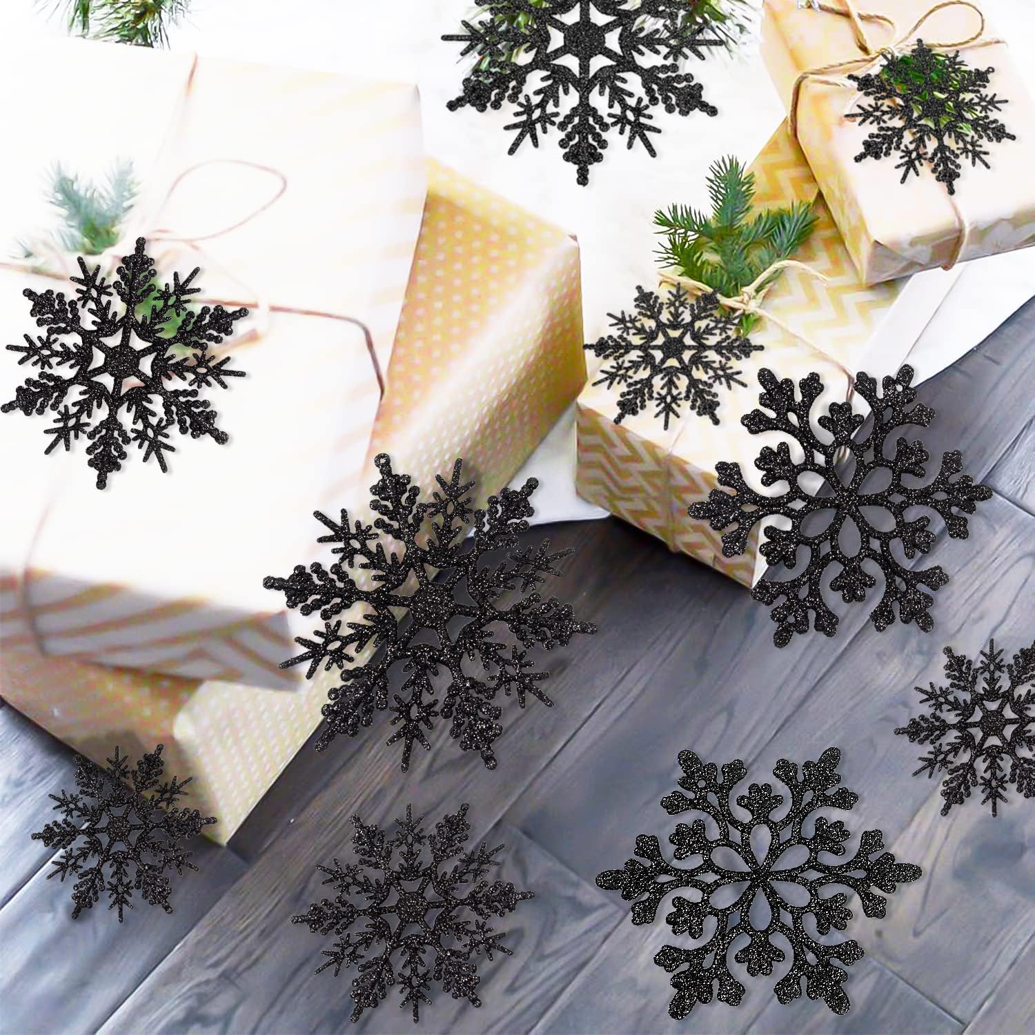 Skiennix 36-Piece Black Christmas Snowflake Ornaments - Glittery Hanging Decor for Winter Wonderland