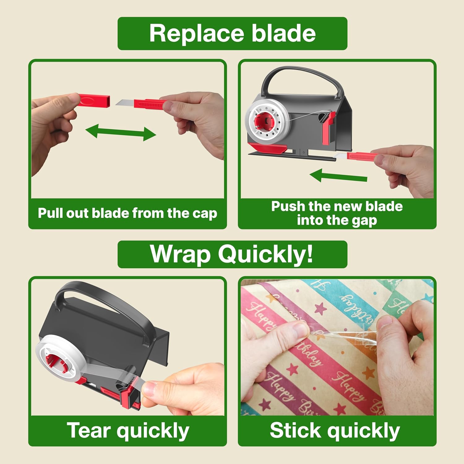 Wraprocut Wrapping Paper Cutter & Tape Dispenser - 2-Pack with 4 Tapes & 2 Replacement Blades for Easy Holiday Gift Wrapping