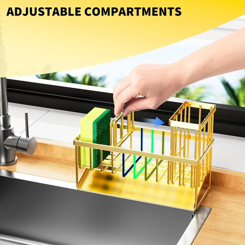 Cisily Gold Kitchen Sink Caddy Organizer - Rustproof Stainless Steel with Brush & Sponge Holder | Home Decor