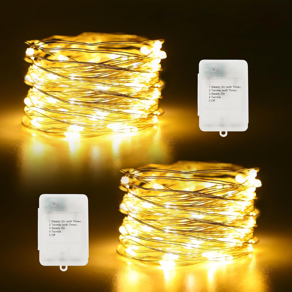 Timer Fairy Lights - 50 LEDs Silver Copper Wire String Lights | 16.4Ft Battery Operated with 5 Lighting Modes for Christmas & Weddings