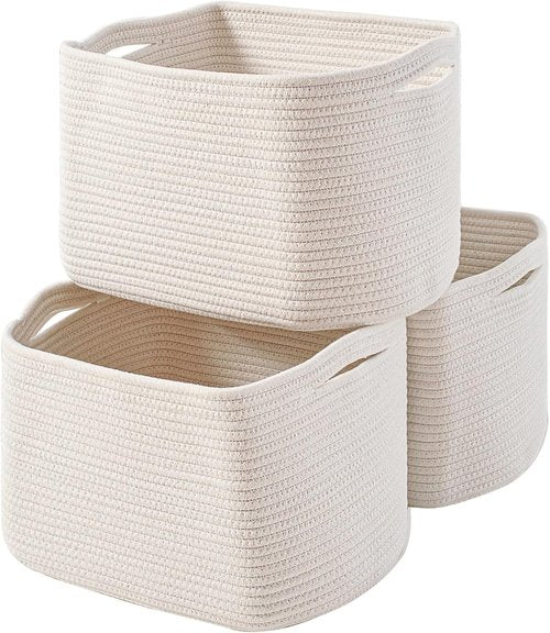 ICERZCZ Storage Baskets - Woven Cotton Rope Bins for Nursery & Home Organization | 15"x11"x9.5", Off White, 3 Pack