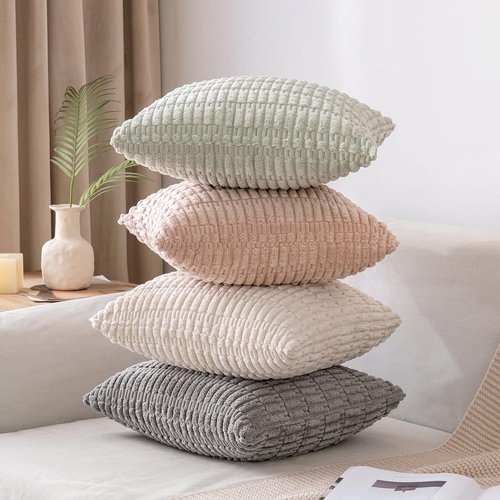 MIULEE Decorative Throw Pillow Covers - Soft Boho Striped Corduroy | Pack of 2, 16x16 Inch, Light Green
