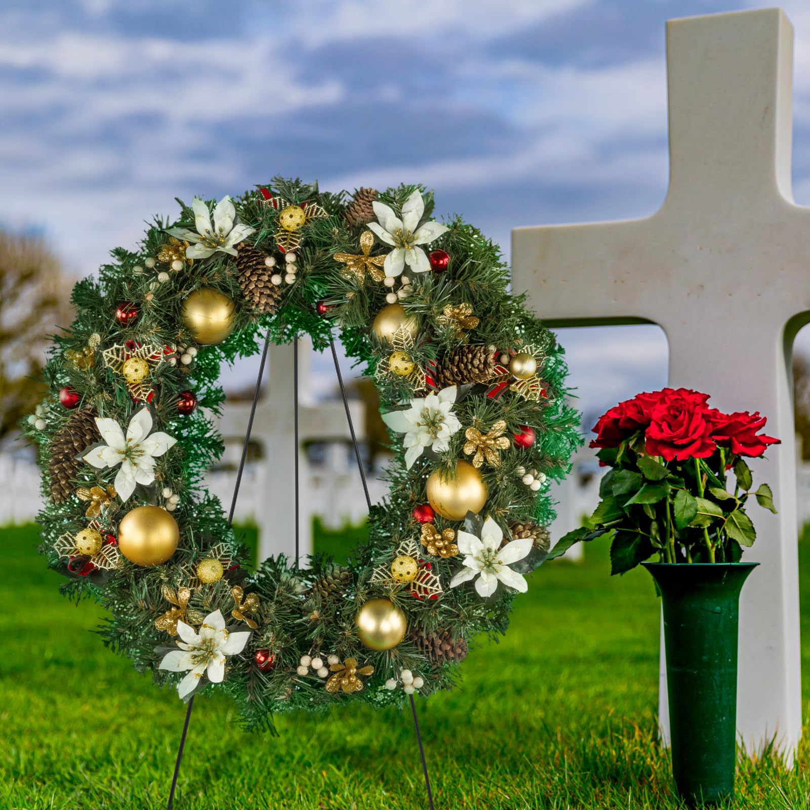 Soaoo Christmas Wreath Stand Christmas Wreath Holder Metal Easel for Cemetery Grave Flower Holder Gravestone Wreath Stand for Grave Marker Gravestone Flowers Decorations (4,30inch)