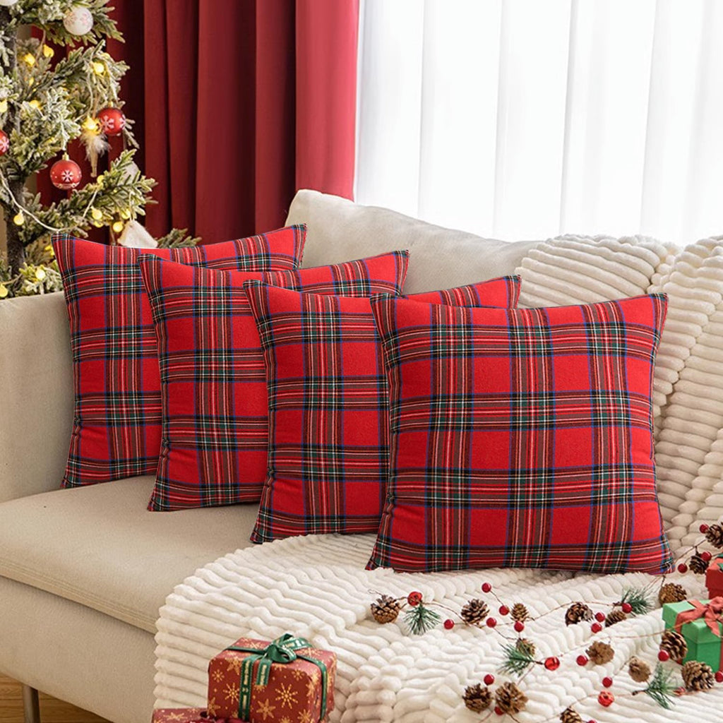 Softalker Christmas Pillow Cover 18x18 Set of 4 - Red Tartan Checkered Throw Pillow Cover, Farmhouse Buffalo Plaid Xmas Decorative Cushion Case for Couch Sofa, Christmas Holiday Decor