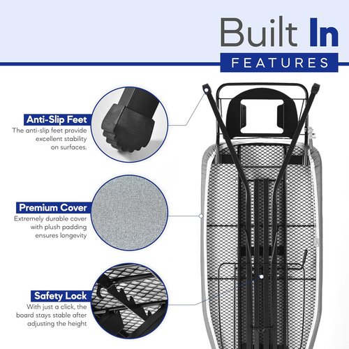 BKTD Extra-Wide Ironing Board - 48"×18" Large Surface with Built-In Clothes Rack & Adjustable Height - Black Grey