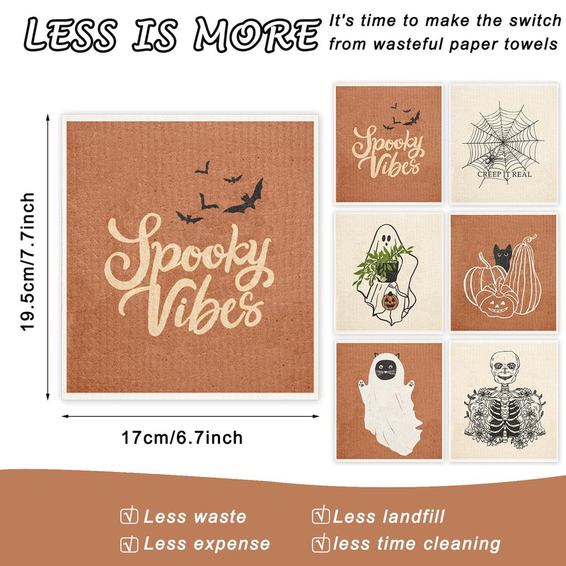 AnyDesign 6Pcs Halloween Swedish Dishcloths Ghost Pumpkin Skeleton Kitchen Dish Towels Reusable Washable Scary Cotton Kitchen Towels for Baking Cooking Home Kitchen Decor, 6.7 x 7.7 Inch