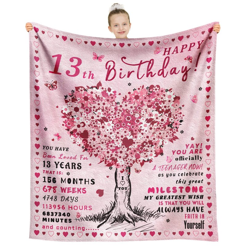13th Birthday Gifts for Girls Throw Blanket 60"x50", Birthday Gifts for 13 Year Old Girls, Best Presents for 13 Year Old Girl, Official Teenage 13 Gift Ideas for Her, Bday Gift for Teen Girl Age 13