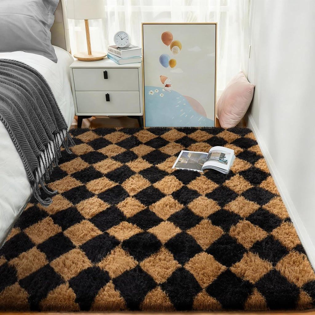 Ophanie Checkered Black & Beige Area Rug - Soft Fluffy Shaggy 4x6 Carpet for Living Room & Bedroom Decor