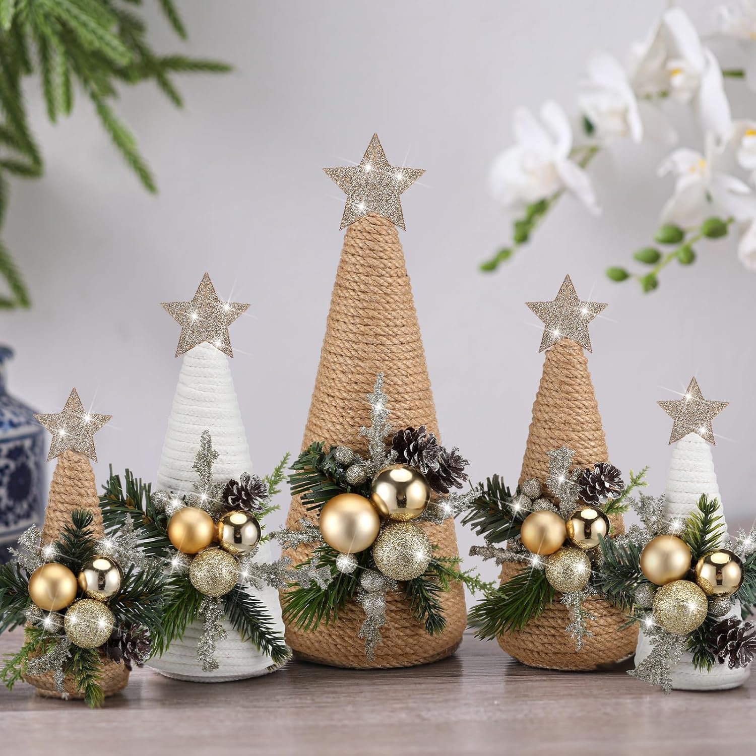 Thyle Christmas Yarn Trees - 5 Pcs Artificial Cone Tree Set with Stars | Festive Tabletop Decor